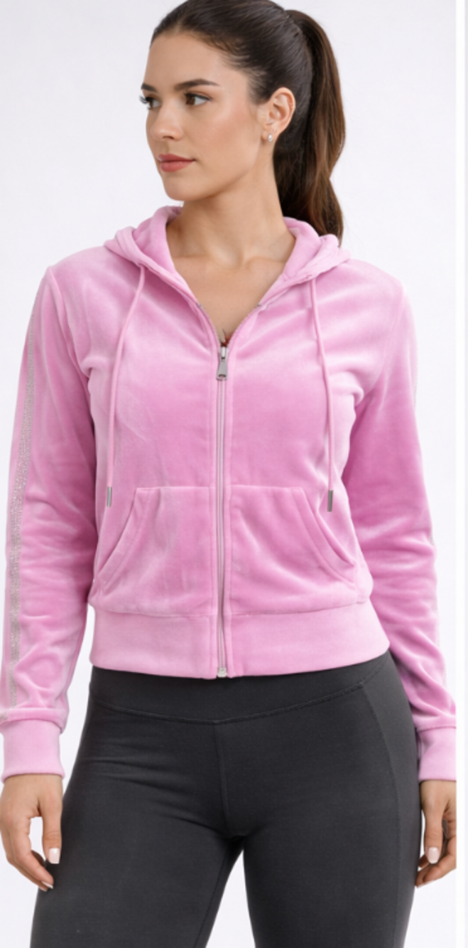 Juicy Couture Hoodie Womens Large Pink Velour Rhinestone Sleeve Full Zip